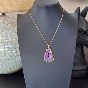 Men’s Unique Raw Purple Agate Drusy Necklace – Gilded Edge Pendant on Chain